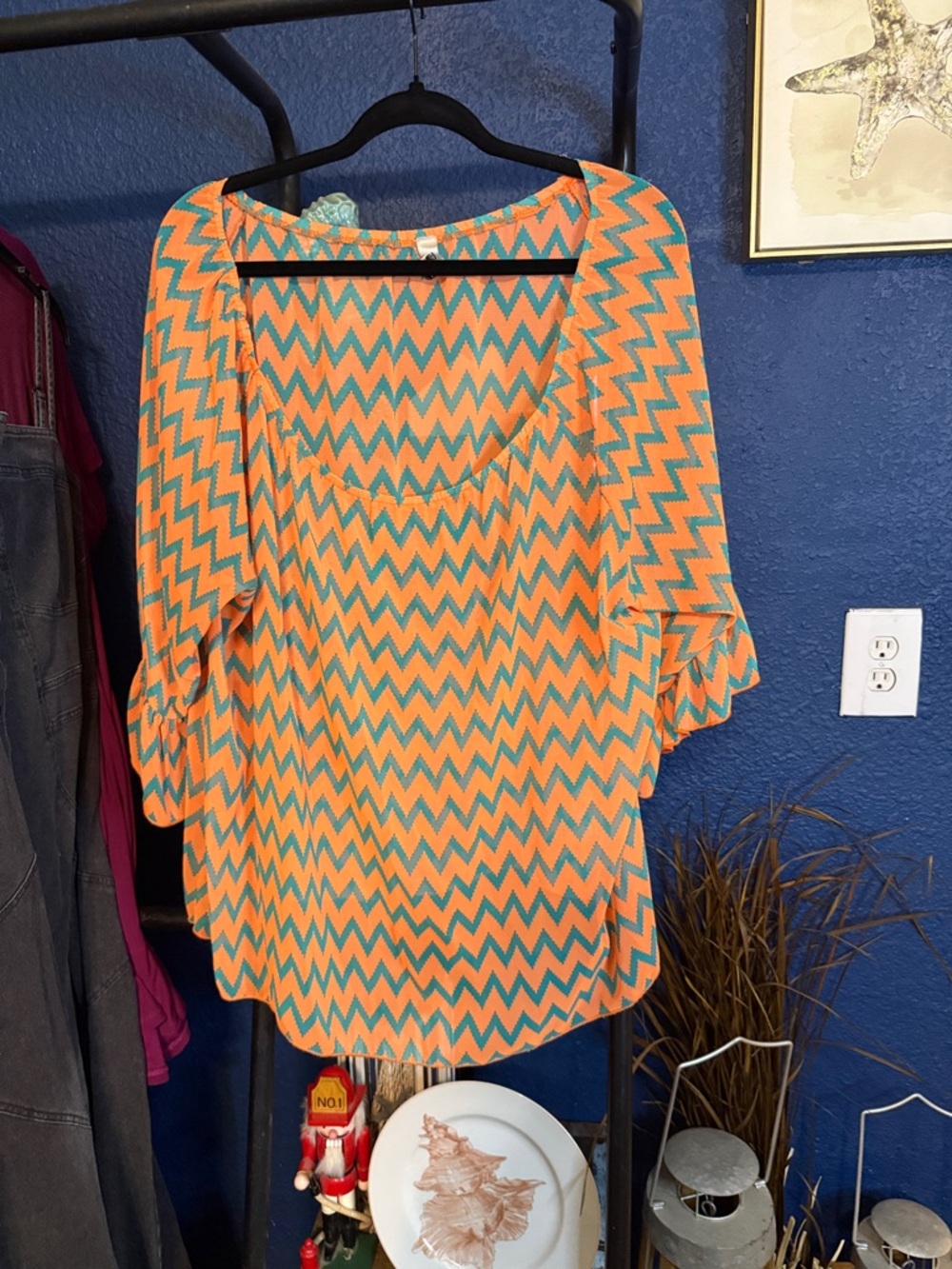 Chevron Print Orange & Teal Blouse